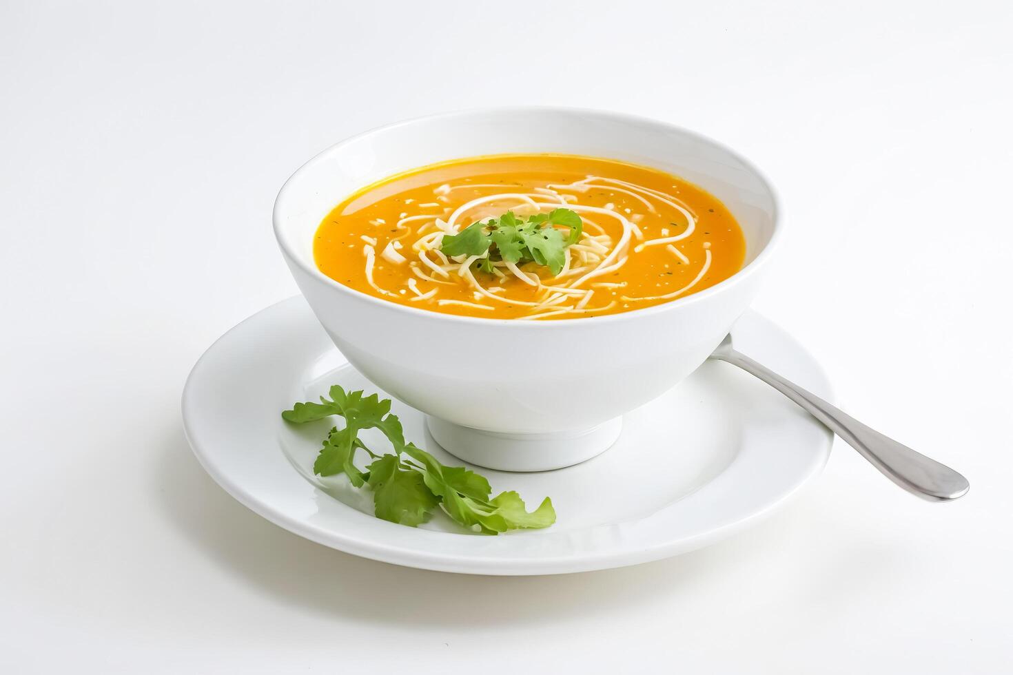 Creamy Pumpkin Soup in a White Bowl with Parsley Garnish photo