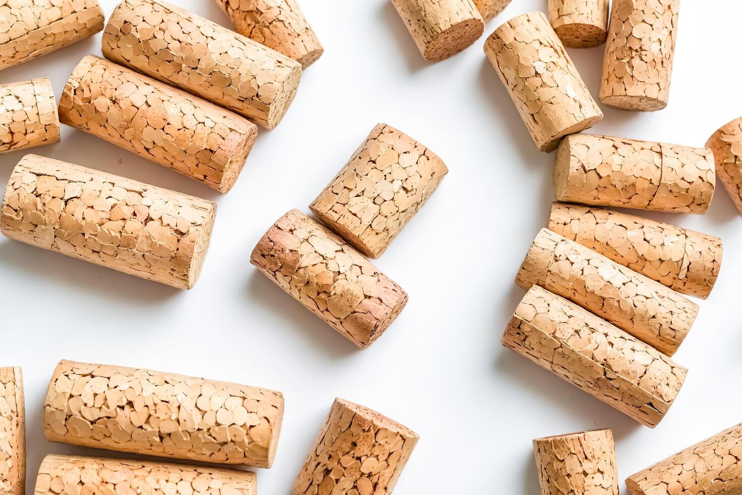Close Up Of Wine Corks Scattered On A White Surface photo