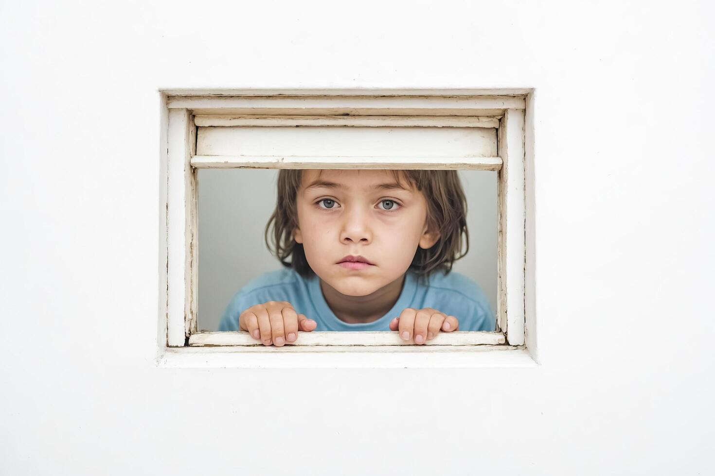 Boy Peeking Through Window photo