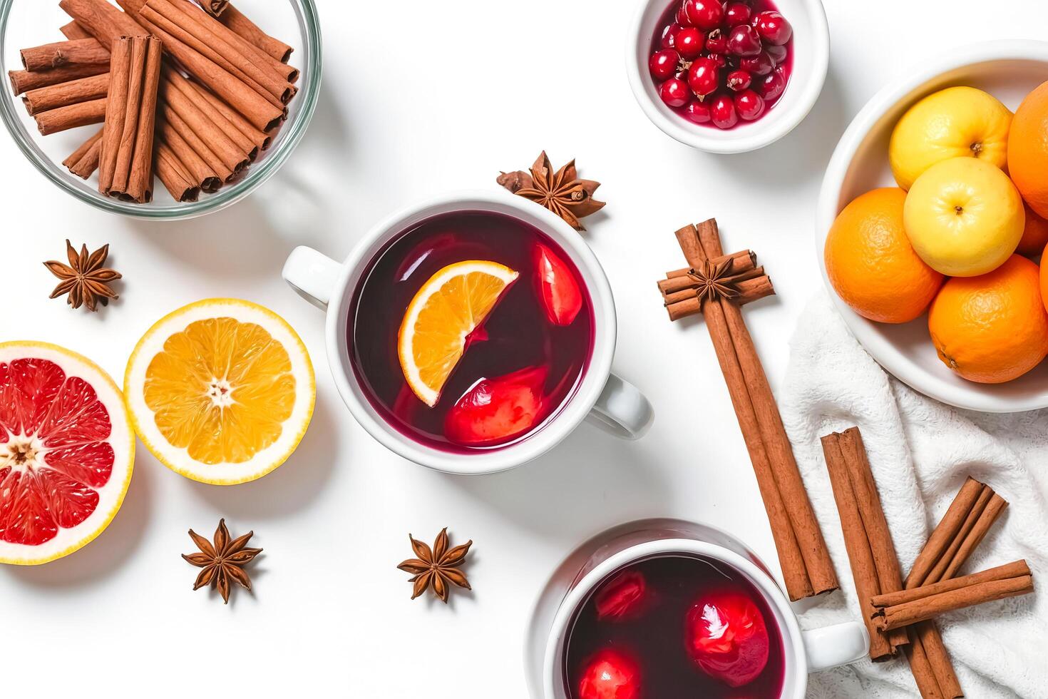 Christmas mulled wine with citrus fruits and spices photo