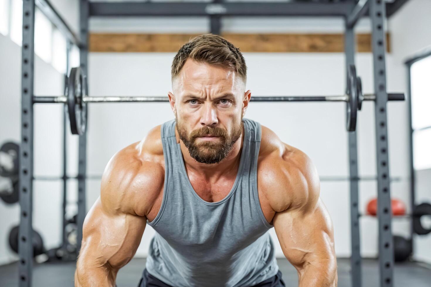 Strong man flexing his muscles in a gym photo