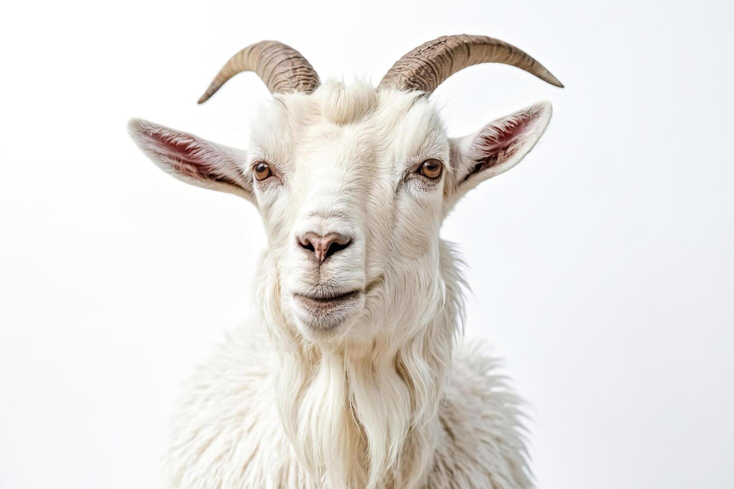 Close-up portrait of a white goat with horns looking at the camera photo