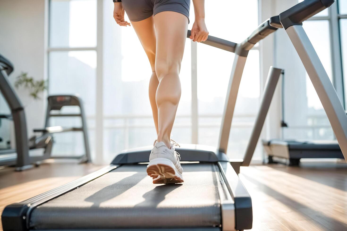 Close-up of woman's legs running on treadmill in gym photo