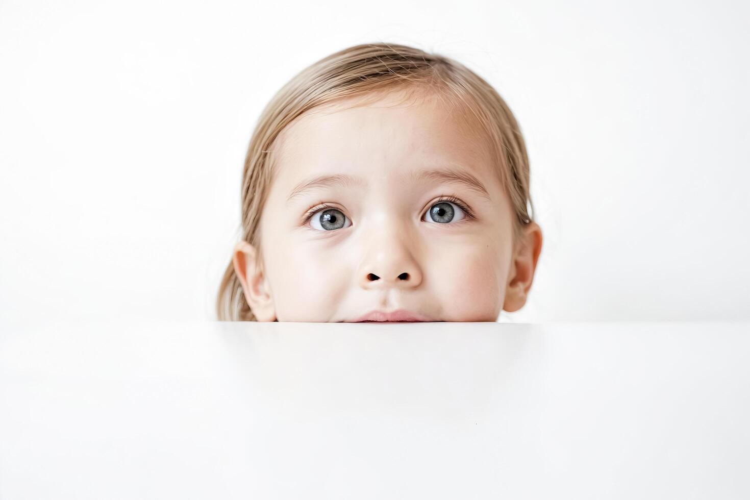 Little Girl Peeking Over a White Surface photo