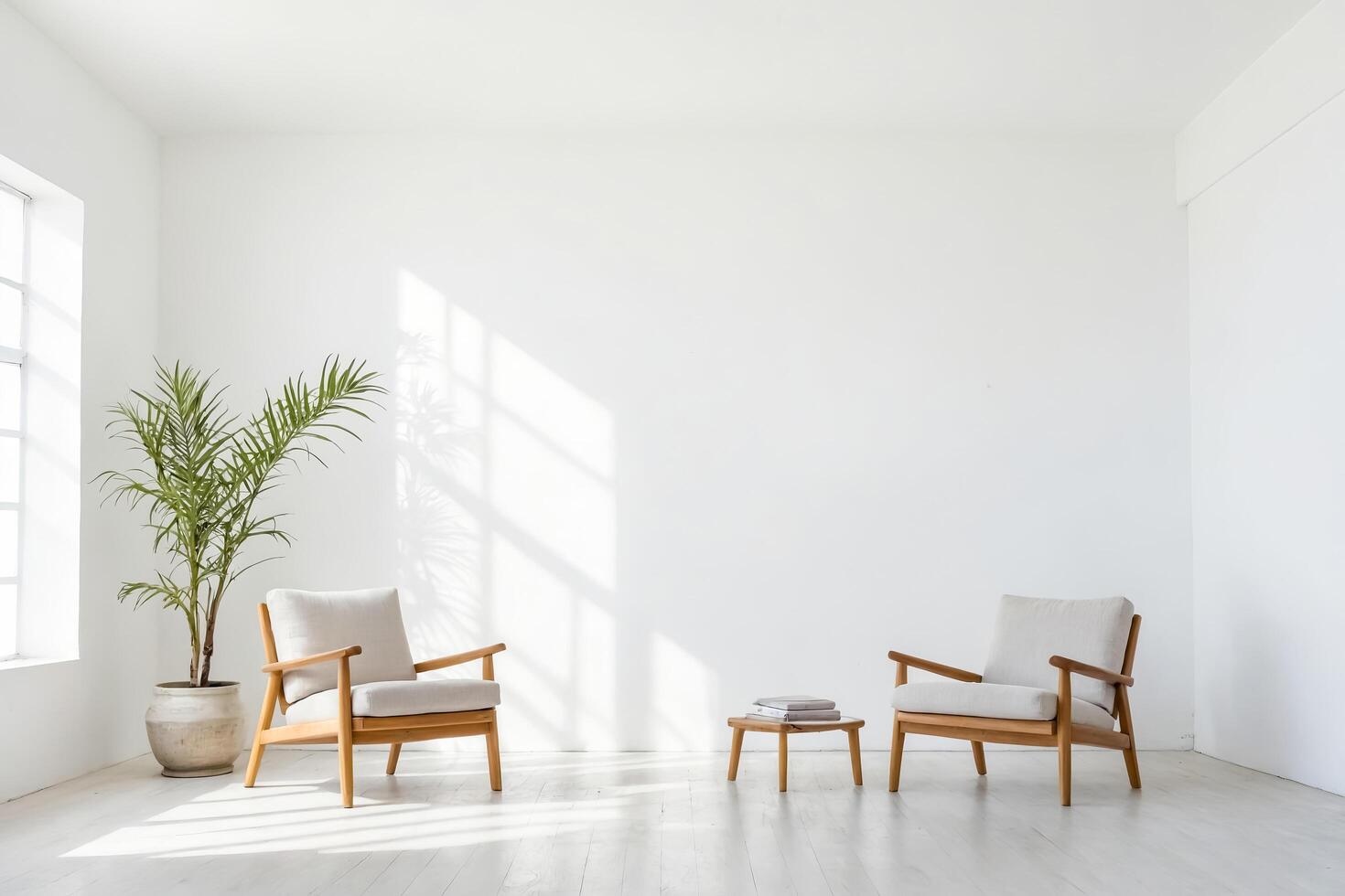 White Room Interior Design with Two Armchairs and a Coffee Table photo
