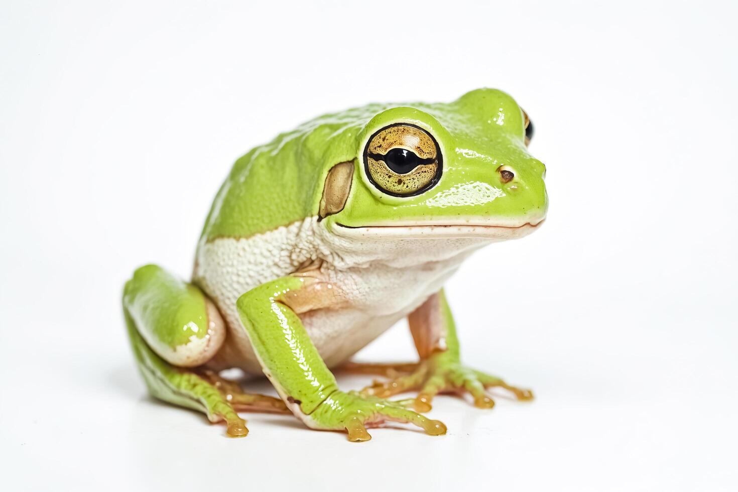 Close-up of a Green Tree Frog on a White Background photo
