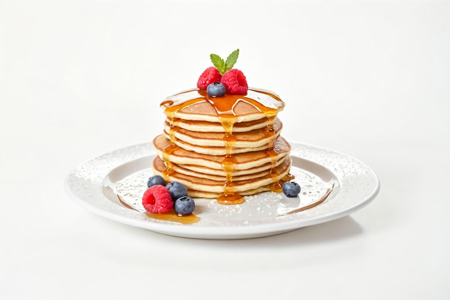 Delicious Stack of Pancakes Drizzled with Maple Syrup and Topped with Fresh Berries photo