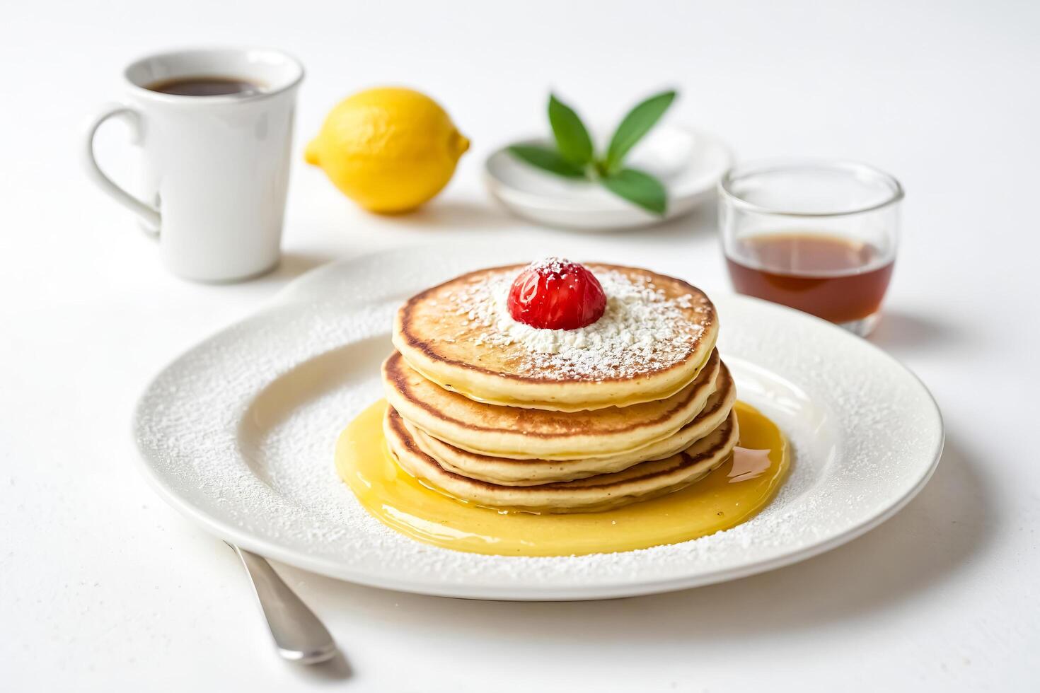 Closeup of a stack of pancakes with syrup and a cherry on top photo