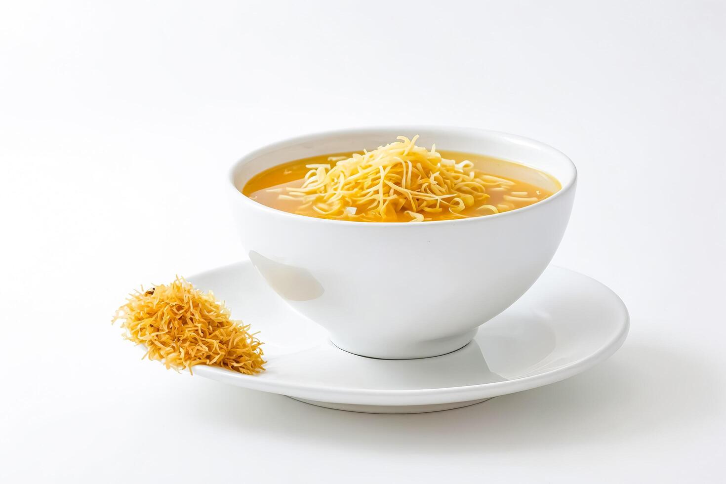 Bowl of yellow soup with noodles photo