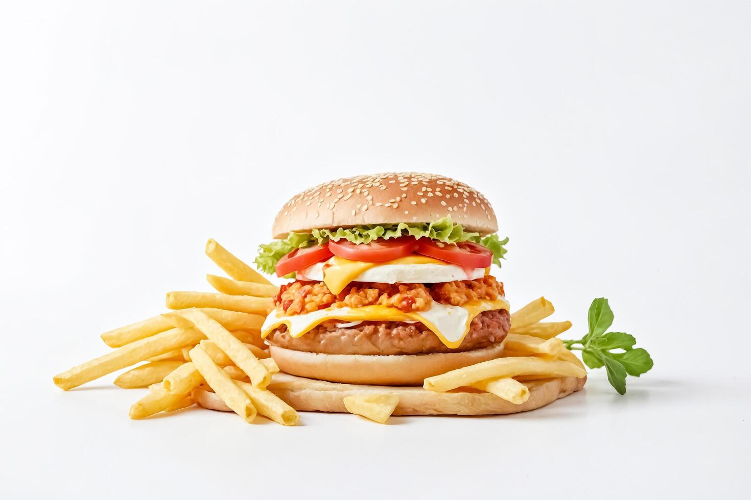 Close Up Of A Delicious Cheeseburger With French Fries And Basil photo