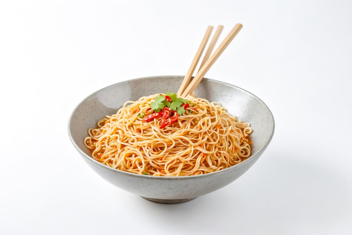 Close-up of a Bowl of Noodles with Chopsticks photo
