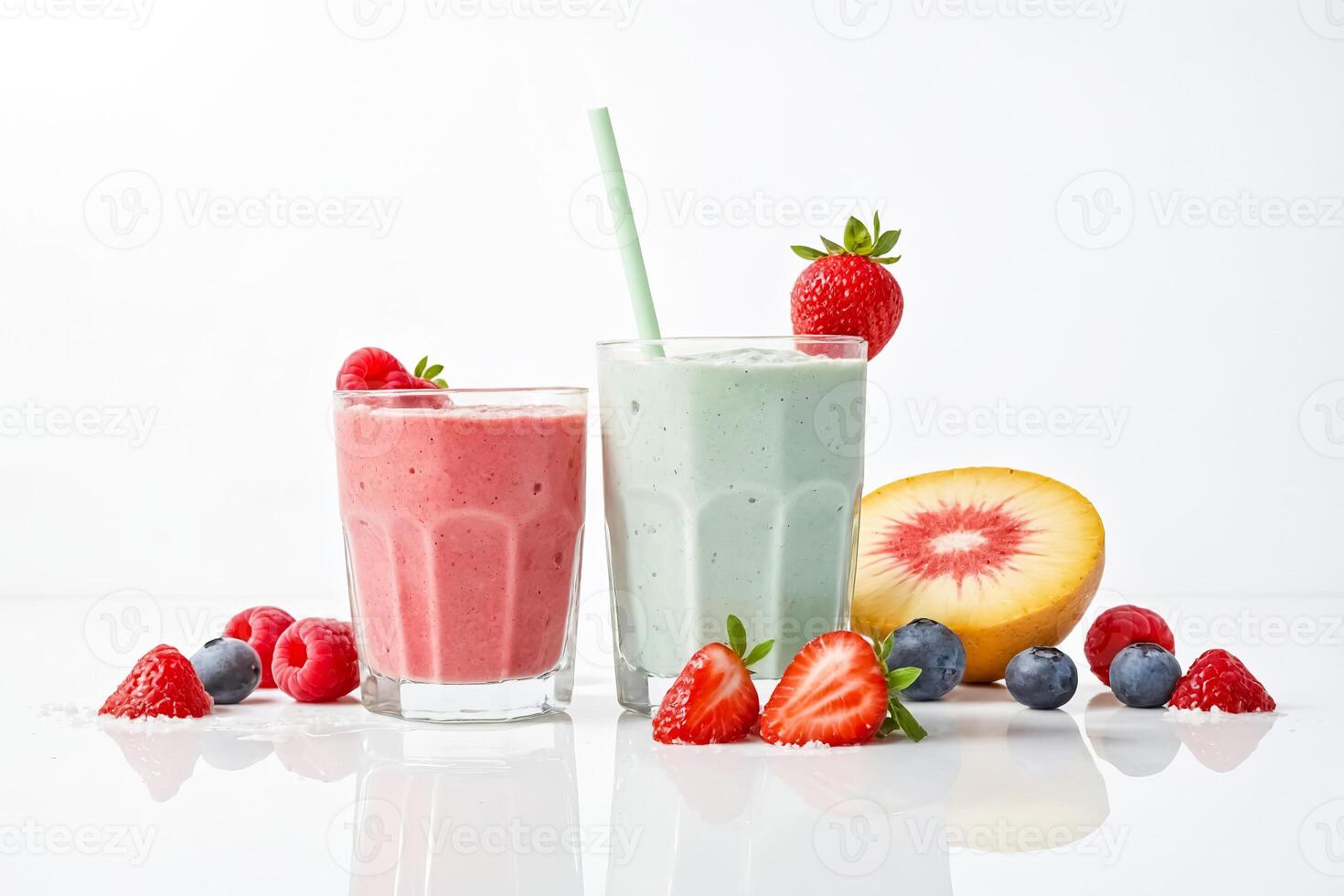 Two glasses of smoothies with fresh fruit photo