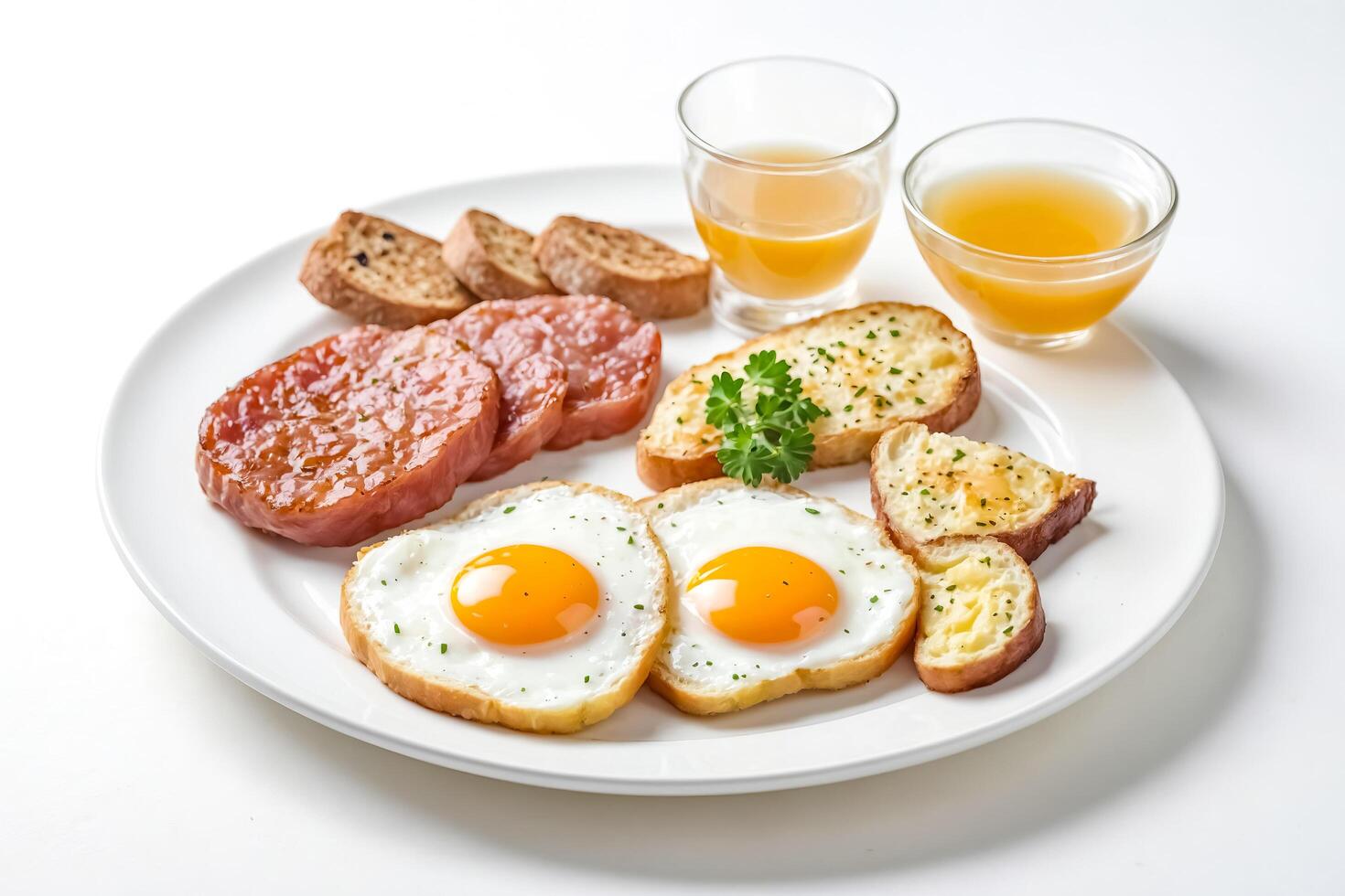 Delicious breakfast with fried eggs, ham and toast photo