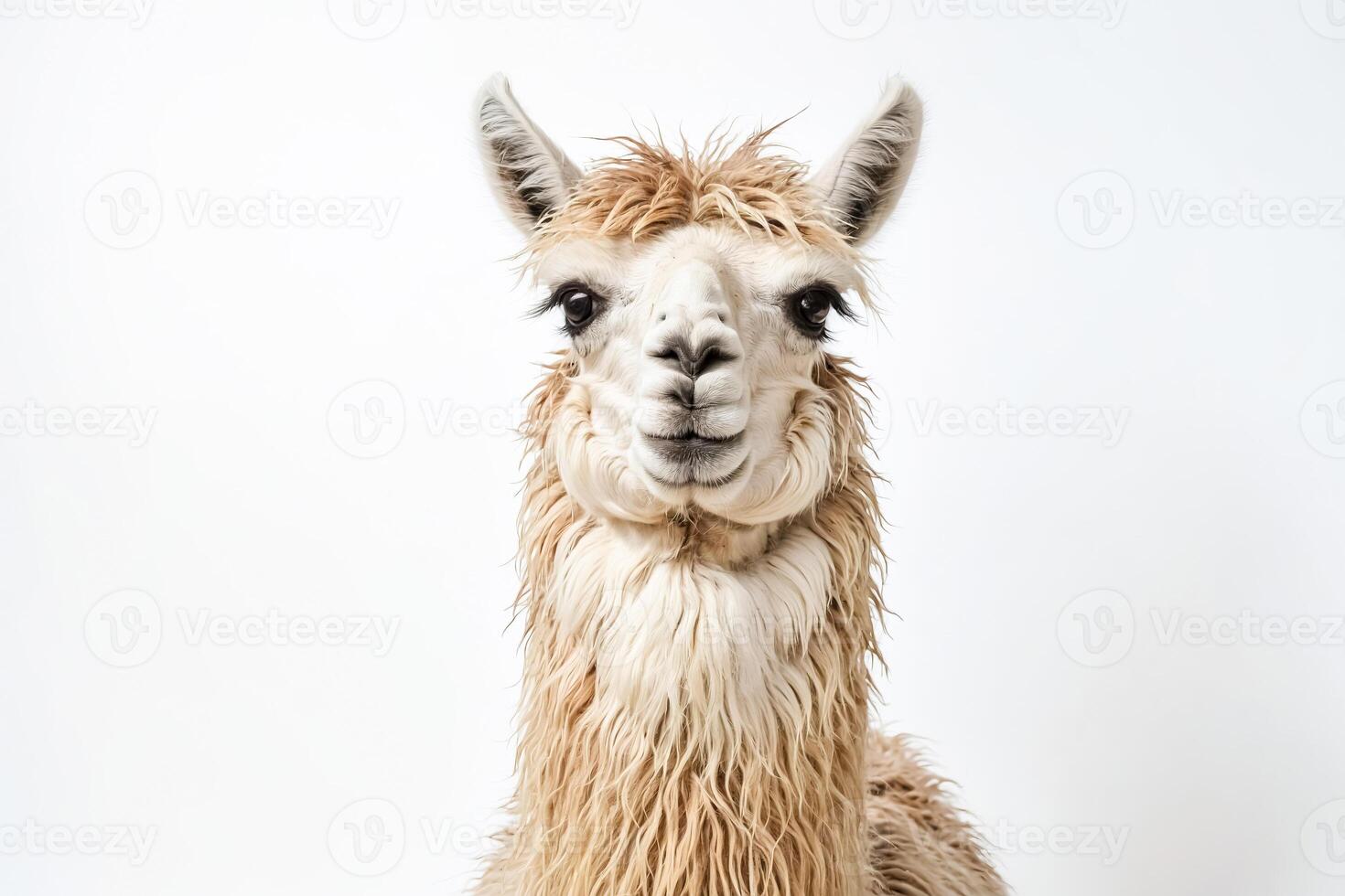 Portrait of a fluffy Alpaca with a white background photo
