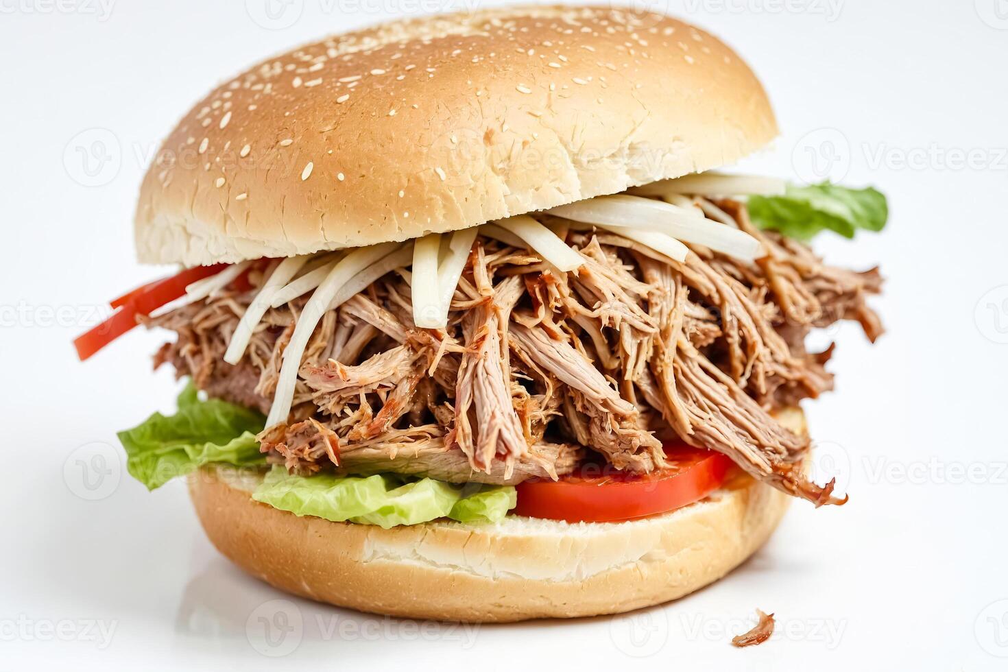 Pulled Pork Sandwich on Sesame Seed Bun photo