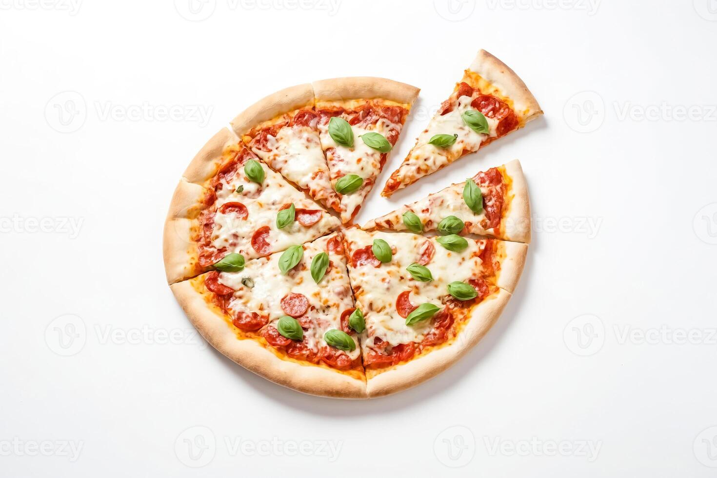 Pizza with Pepperoni and Basil on White Background photo