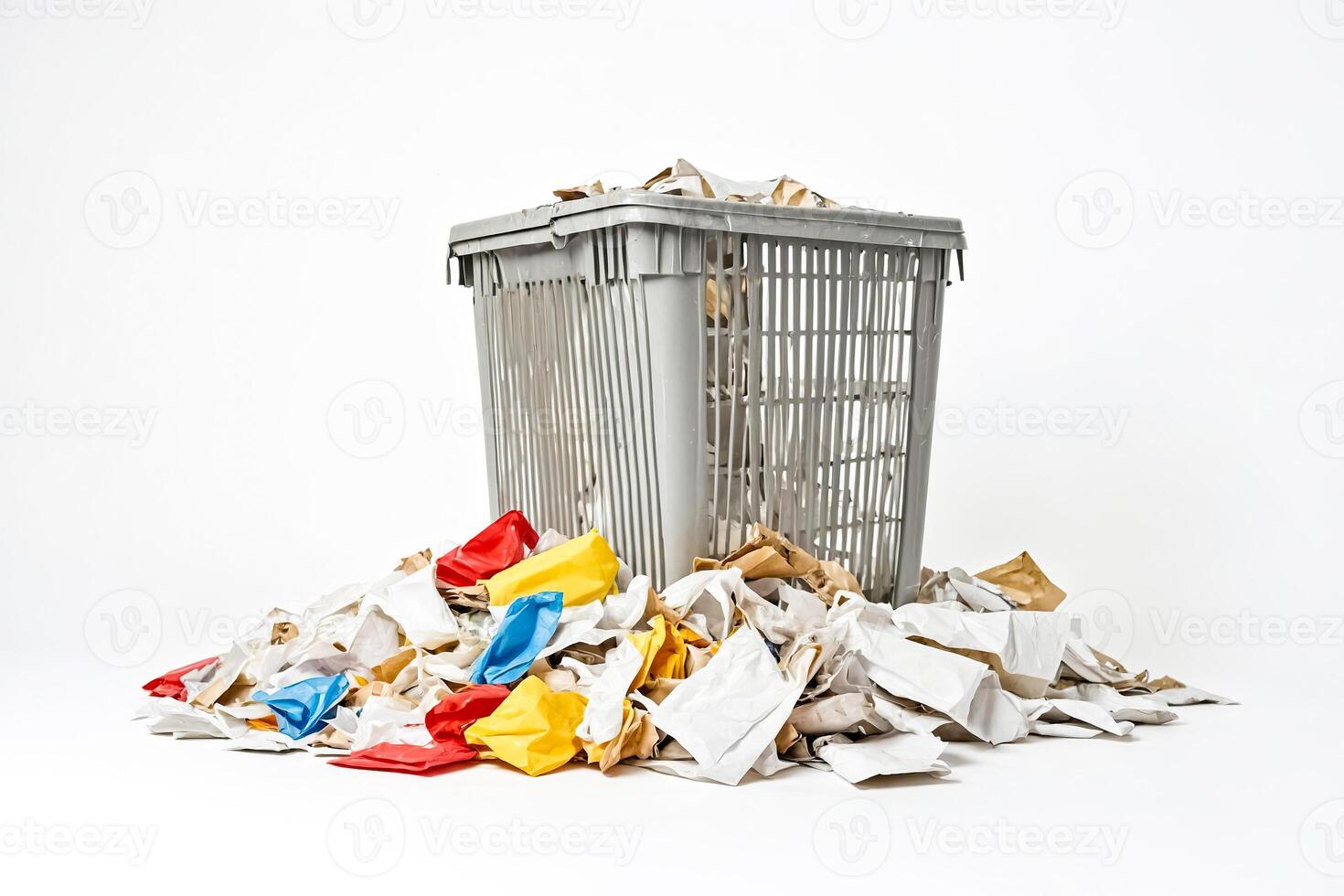 Gray Trash Can Overflowing with Crumpled Paper and Plastic photo