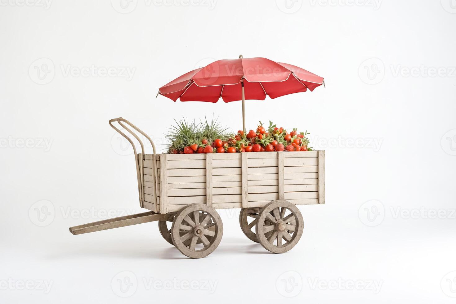 Red Umbrella Over a Wooden Cart Filled with Tomatoes photo