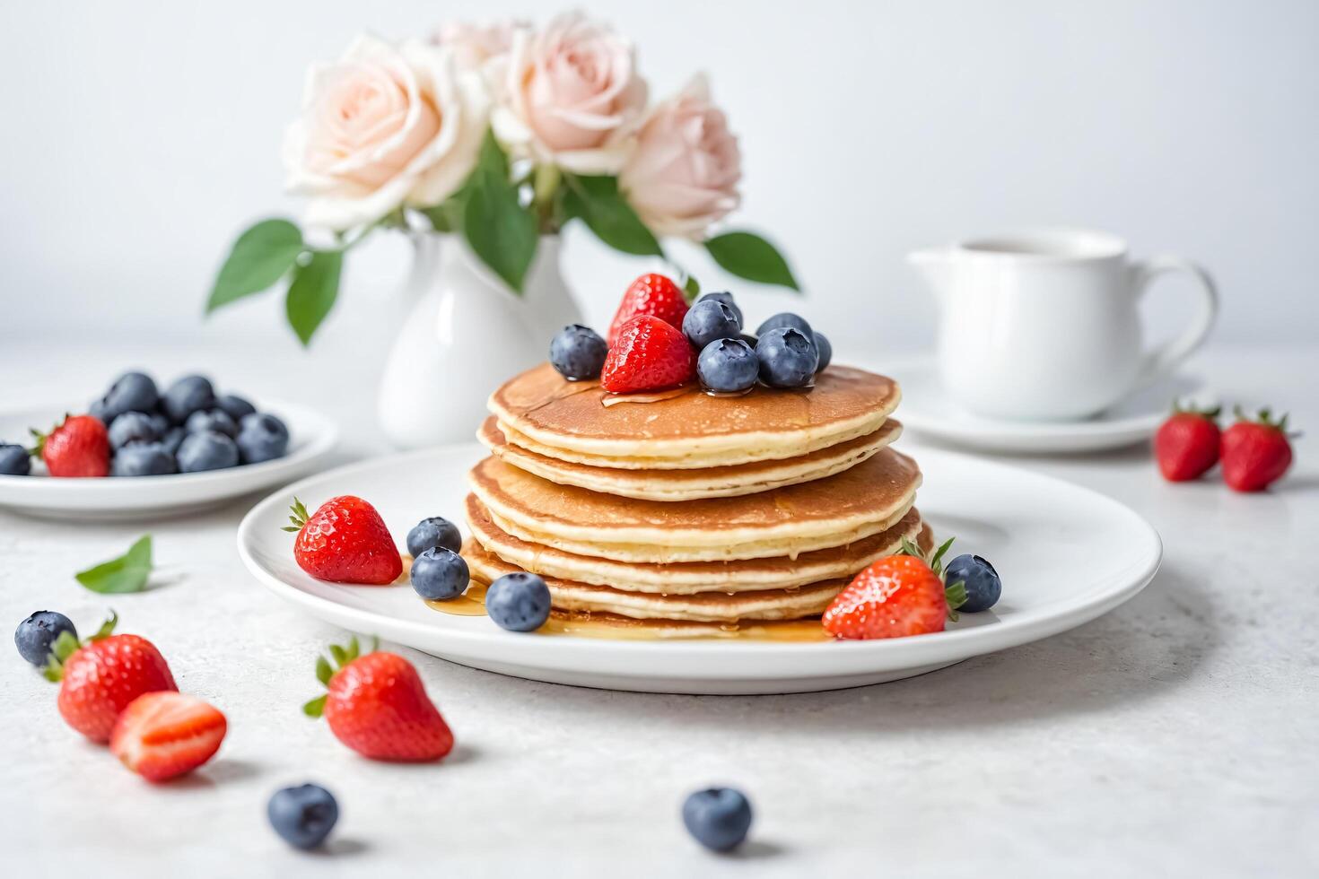 Stack of Pancakes with Berries and Syrup photo