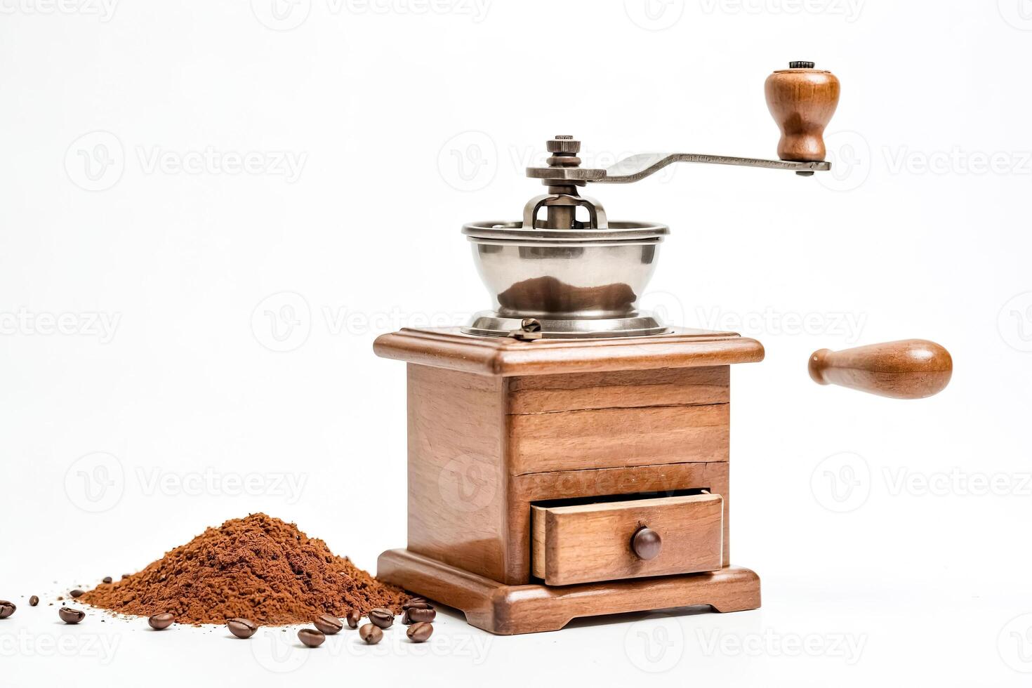 Vintage Wooden Coffee Grinder with Coffee Beans and Grounds photo