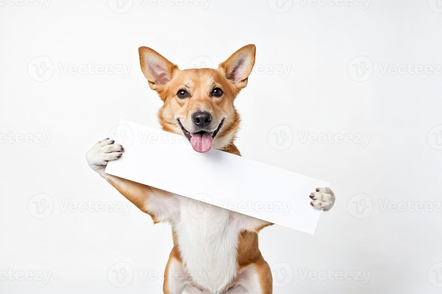 Happy Dog Holding a Blank Sign photo