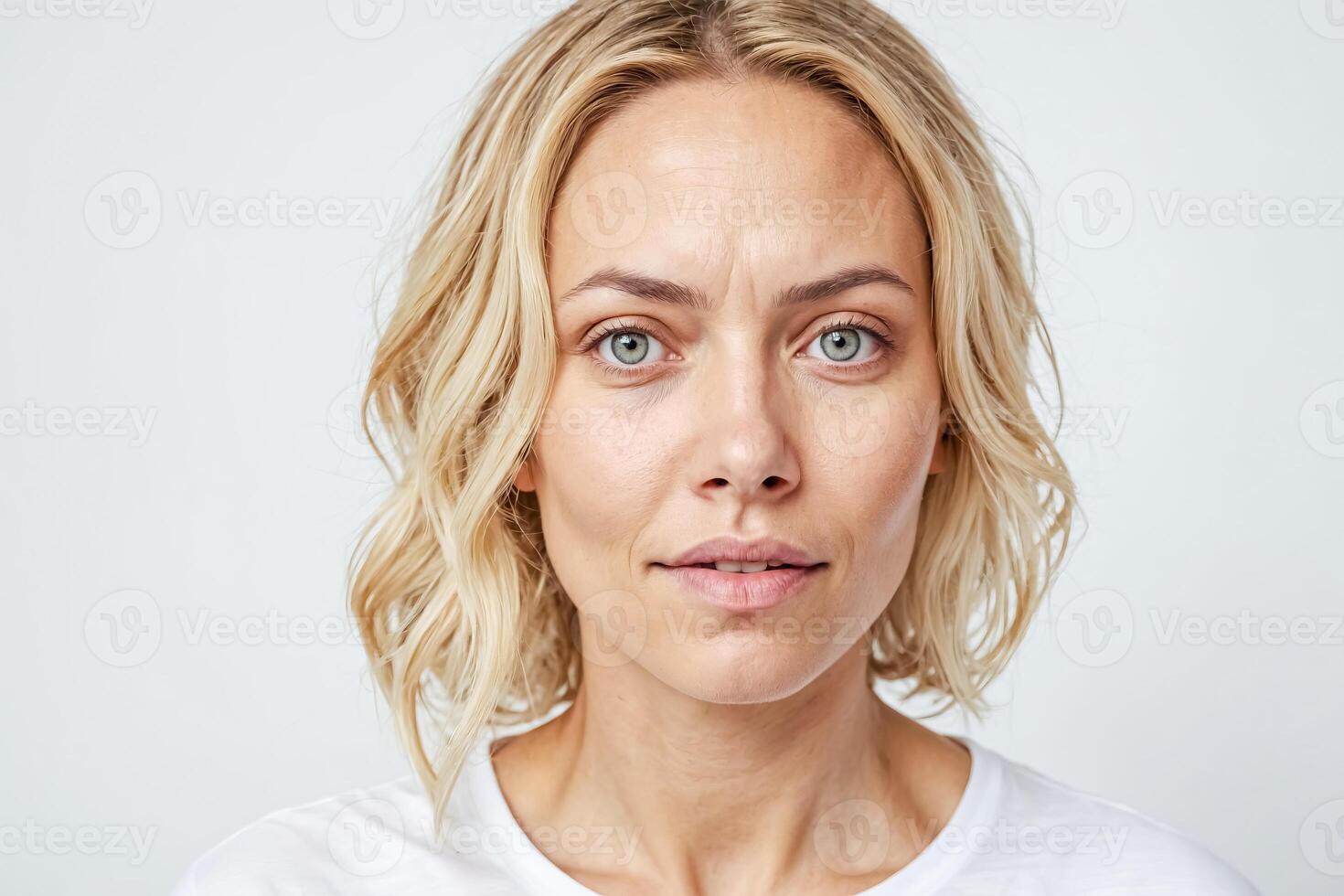 Closeup portrait of a young woman with blonde hair looking at the camera photo
