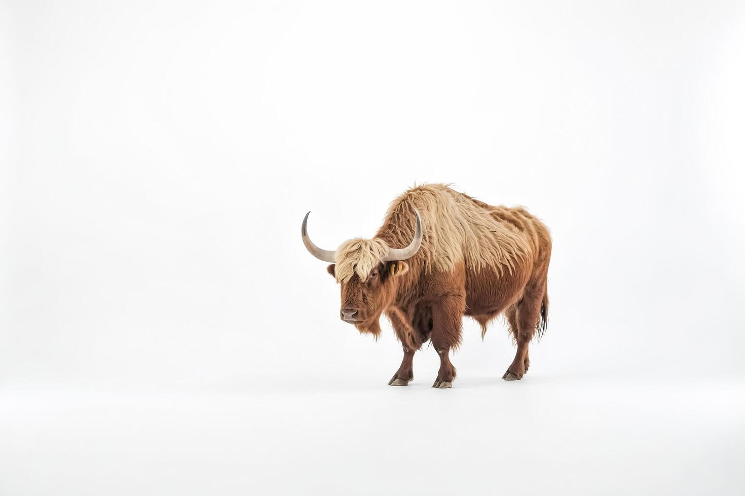 Highland Cow with Long Horns Standing on White Background photo