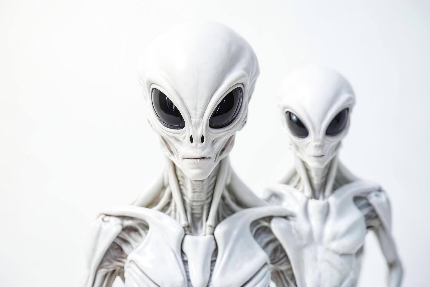 Close-up of two alien figures with large black eyes photo
