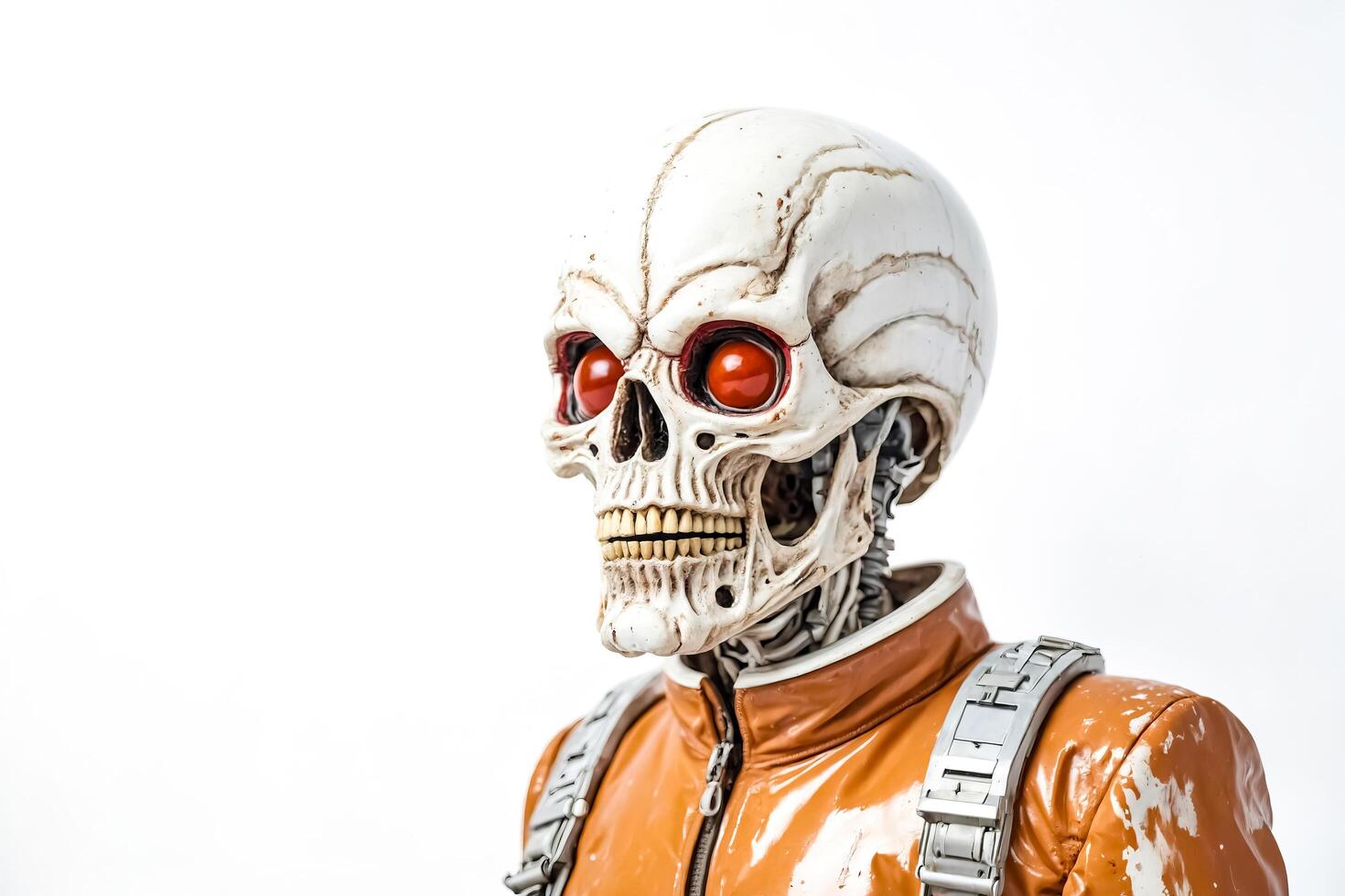 Closeup of a robot's skull with glowing red eyes photo