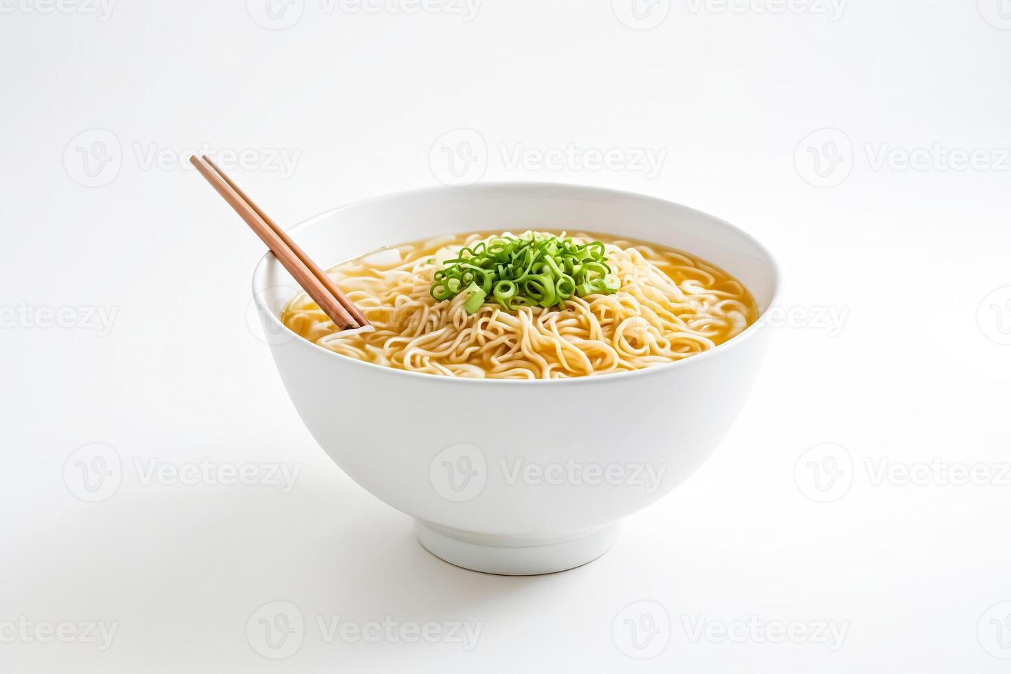 Bowl of Ramen Noodles with Green Onions and Chopsticks photo