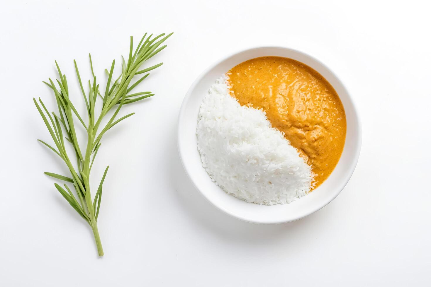 Top view of white rice and curry in a white bowl photo