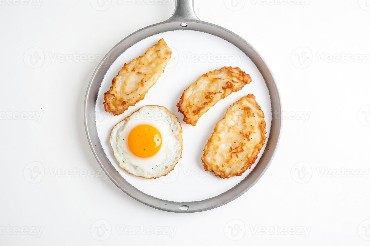 Fried egg and hash browns in a frying pan photo