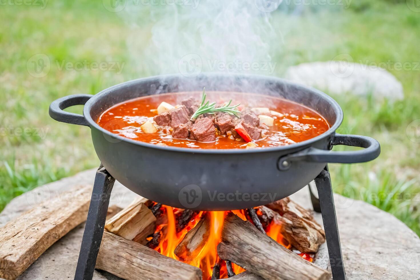 Steaming Beef Stew Over Campfire photo