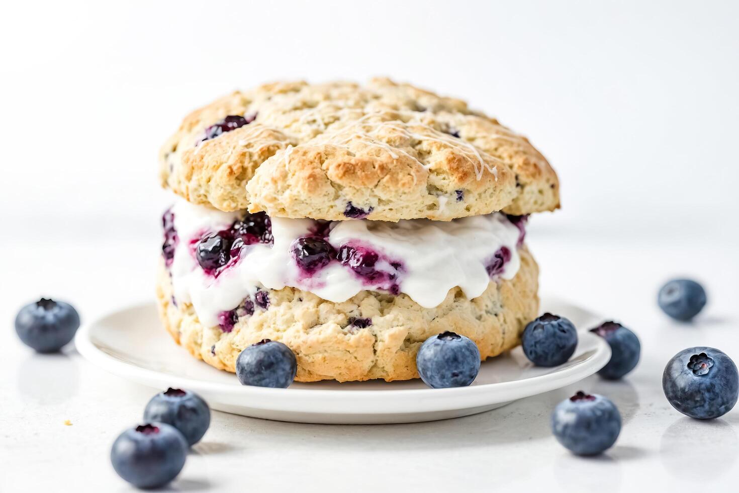 Close-up of a blueberry scone with whipped cream and blueberry jam on a white plate photo