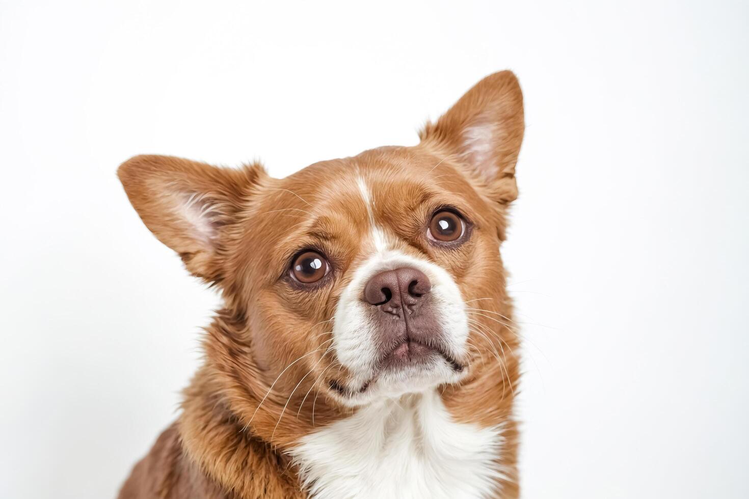 Close-up of a Small Brown and White Dog with Big Eyes Looking at Camera photo