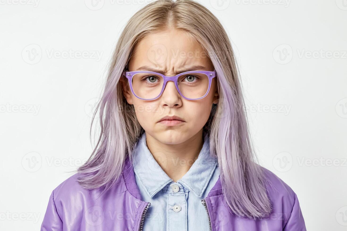 Portrait of a Young Woman with Purple Hair and Glasses, Looking Skeptical photo
