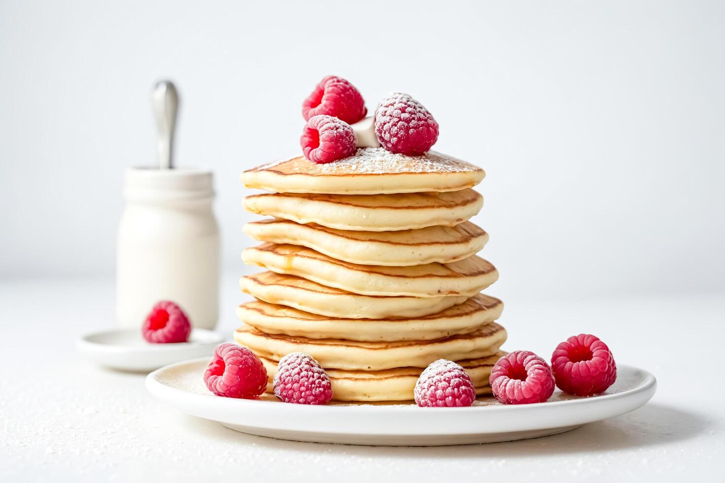 Stack of Pancakes with Raspberries and Powdered Sugar photo