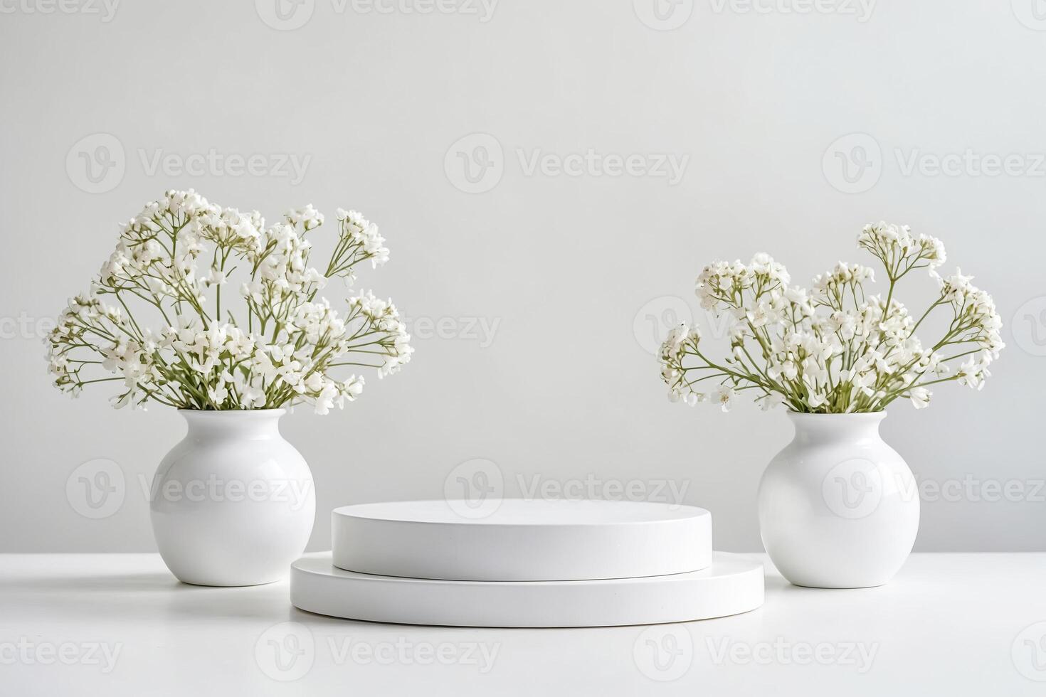 White Floral Display with Two Vases and a Stacked Platform photo