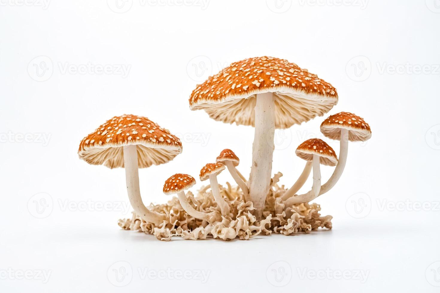 A cluster of mushrooms with white spots on a white background photo