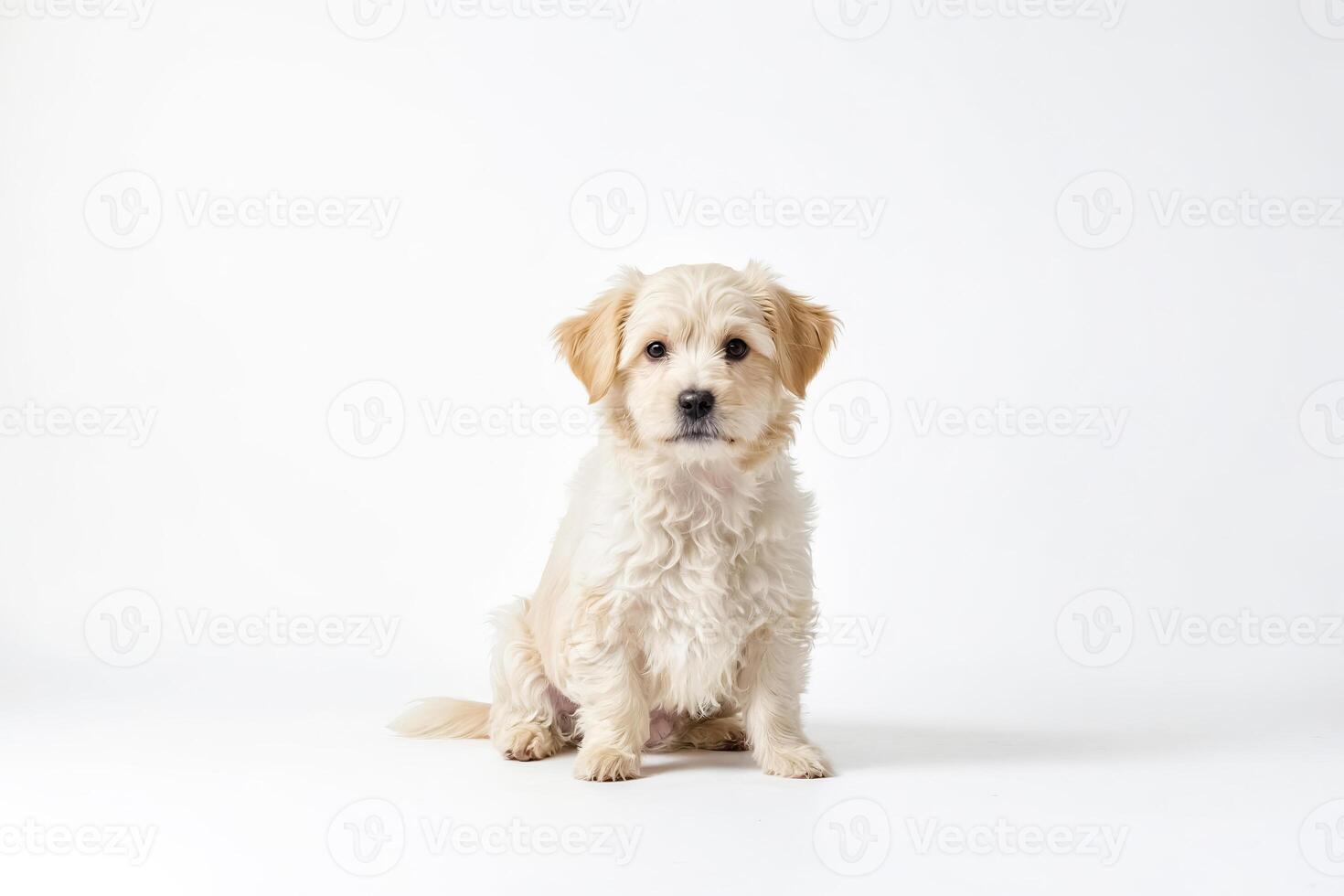 Cute fluffy puppy sitting on white background photo