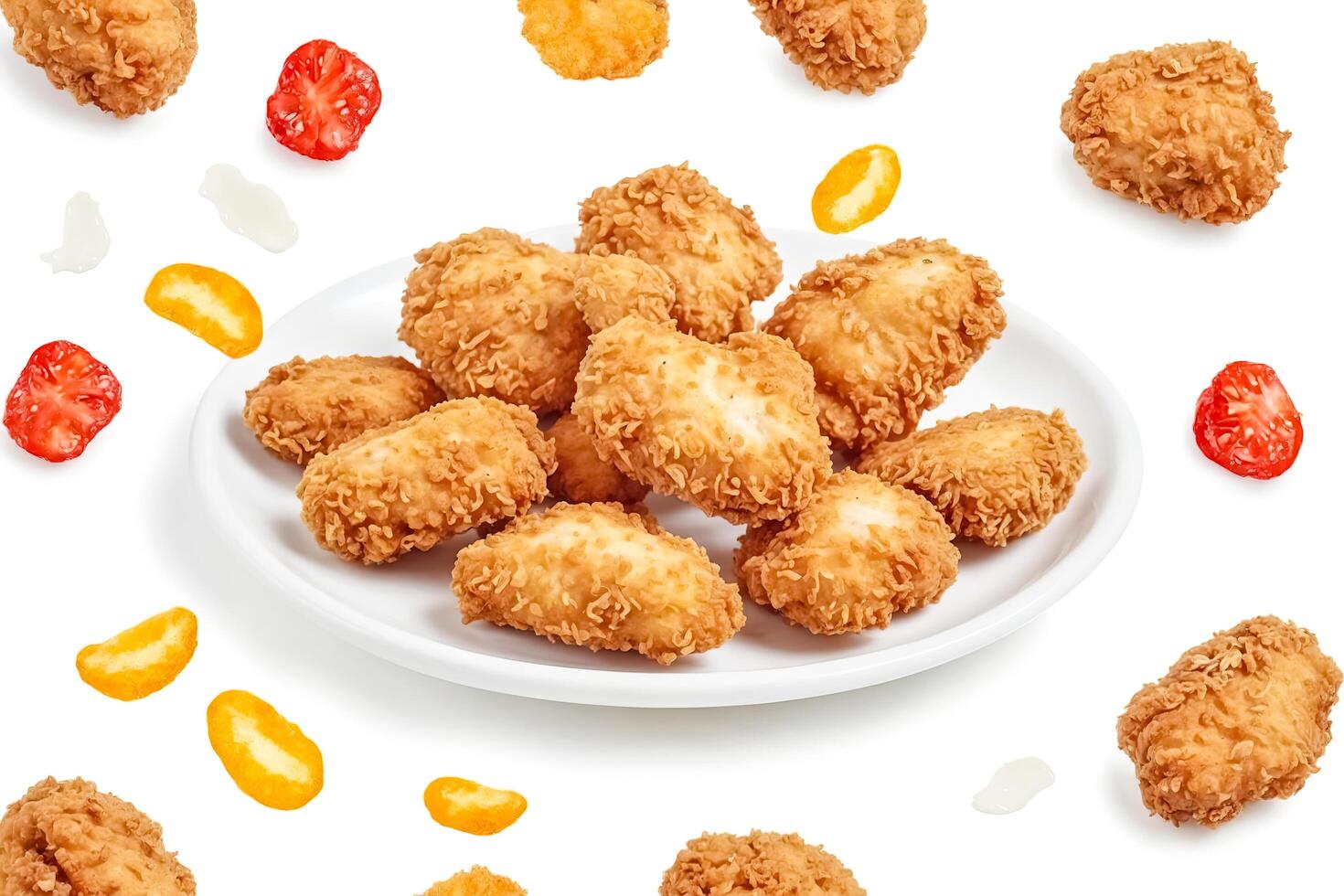 Crispy Chicken Nuggets and Sauces Flying Over White Background photo