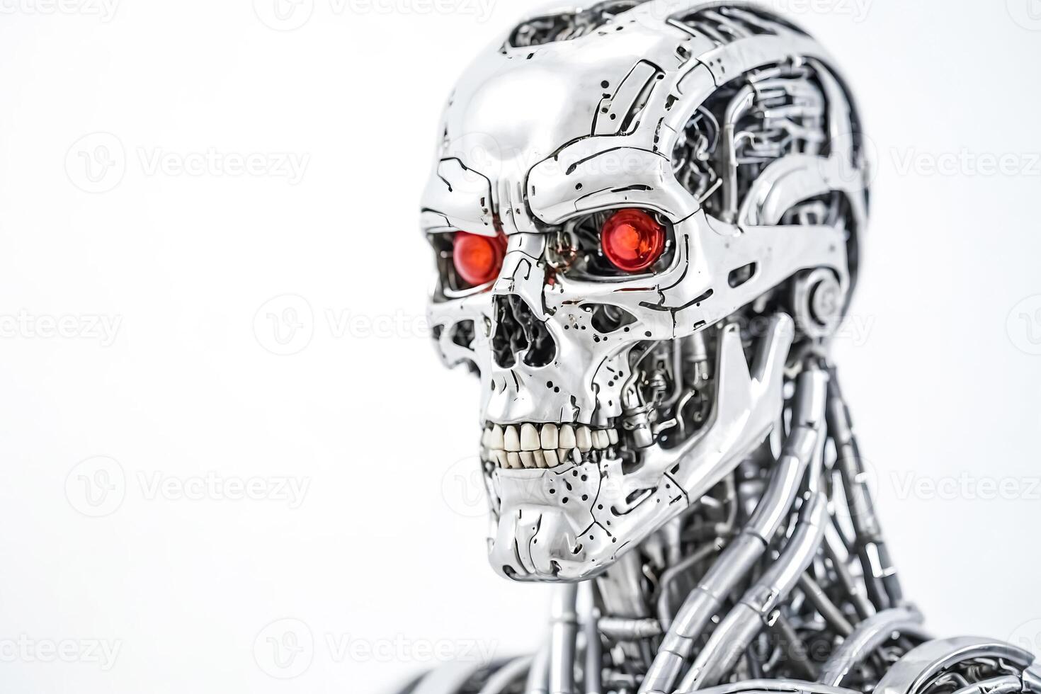 Closeup of a robotic skull with red eyes photo