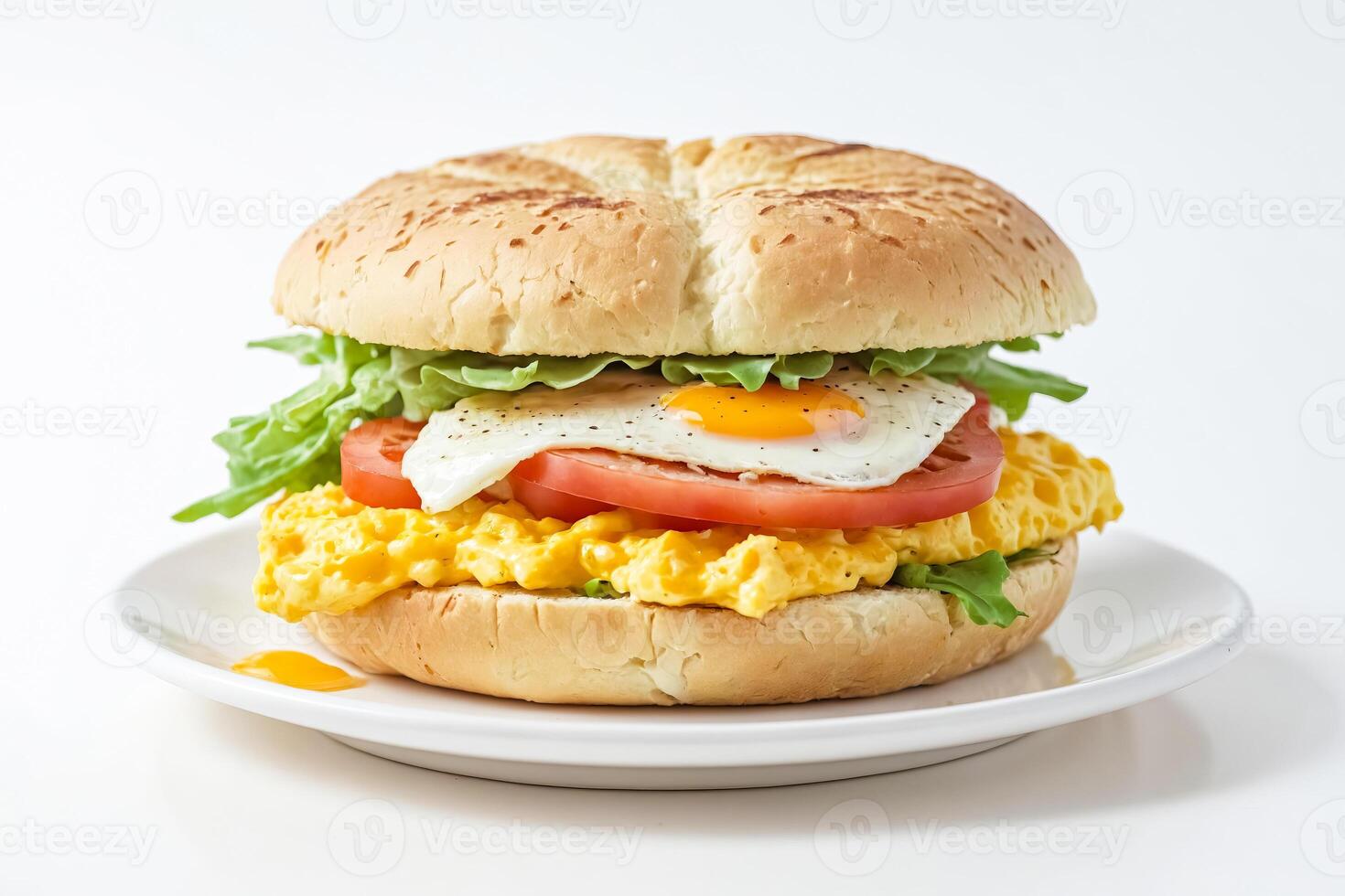 Delicious Scrambled Egg Burger With Fried Egg and Tomato photo