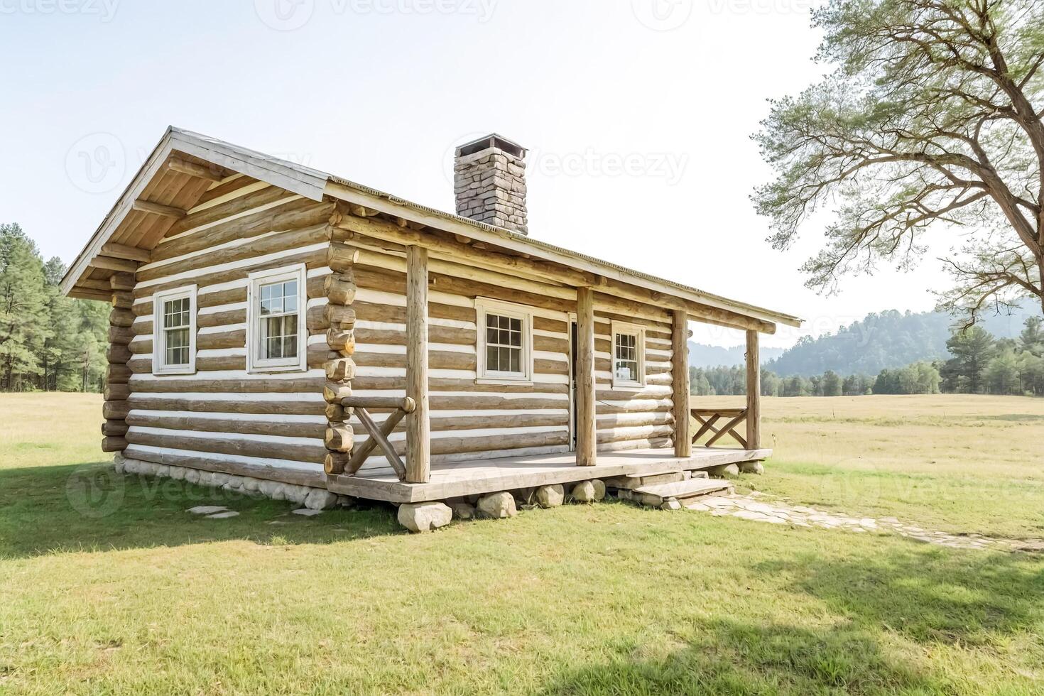Rustic Log Cabin in a Forest Clearing photo