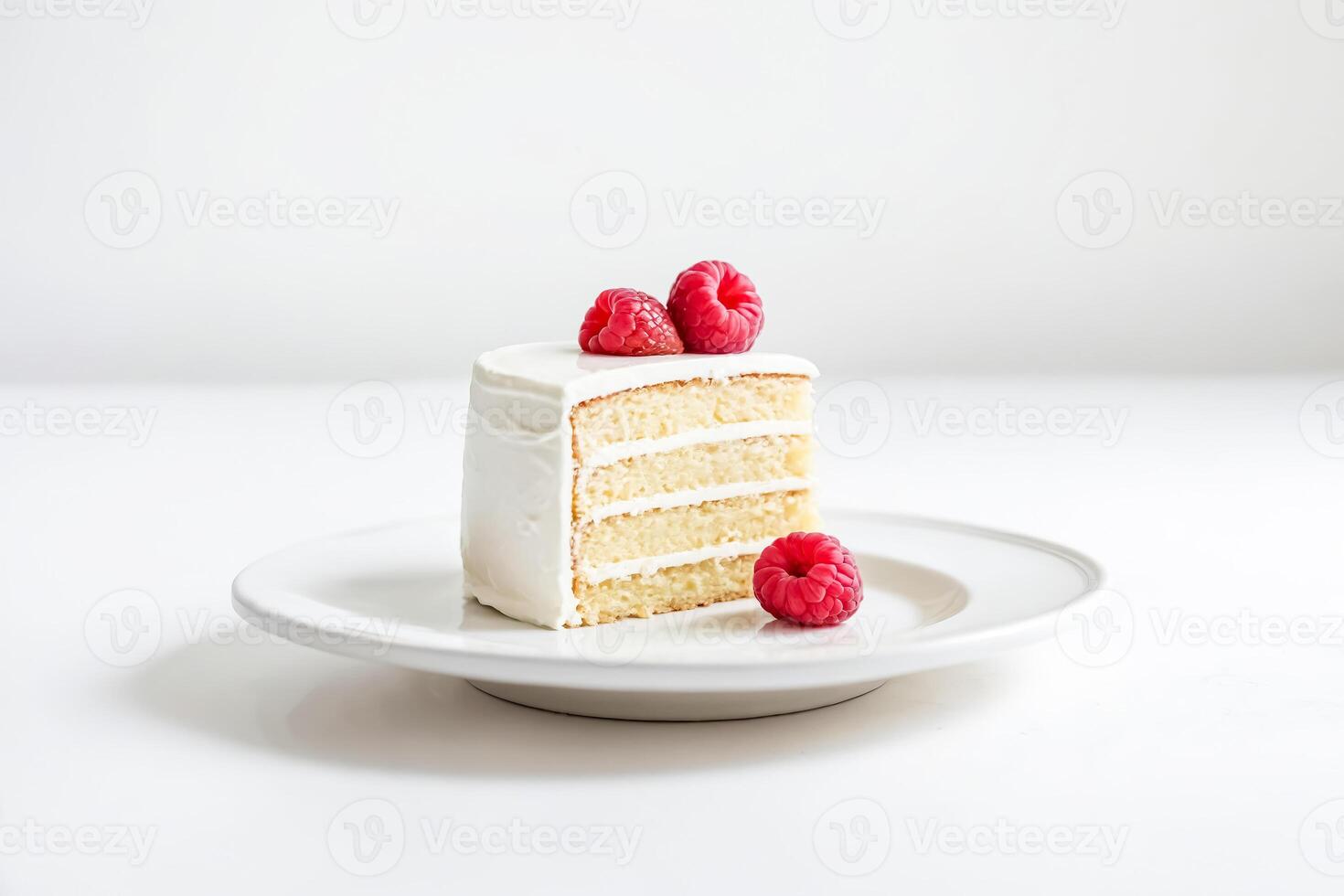 Single Slice of Vanilla Cake with Raspberries photo