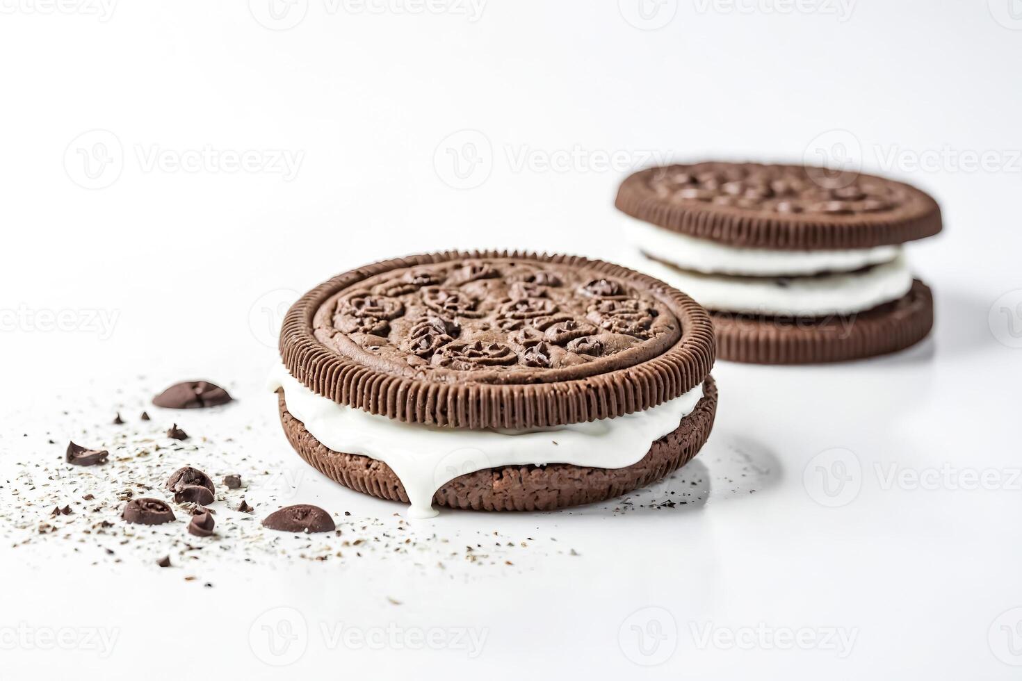 Close-up of a chocolate sandwich cookie with a creamy filling photo