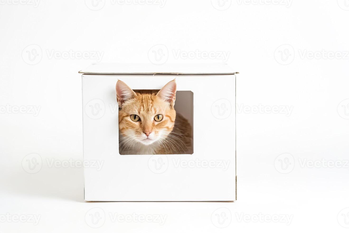 Ginger Cat Looking Out From a White Cardboard Box photo