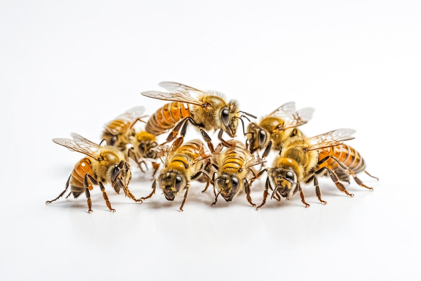 A Group of Bees Close Up on White Background photo