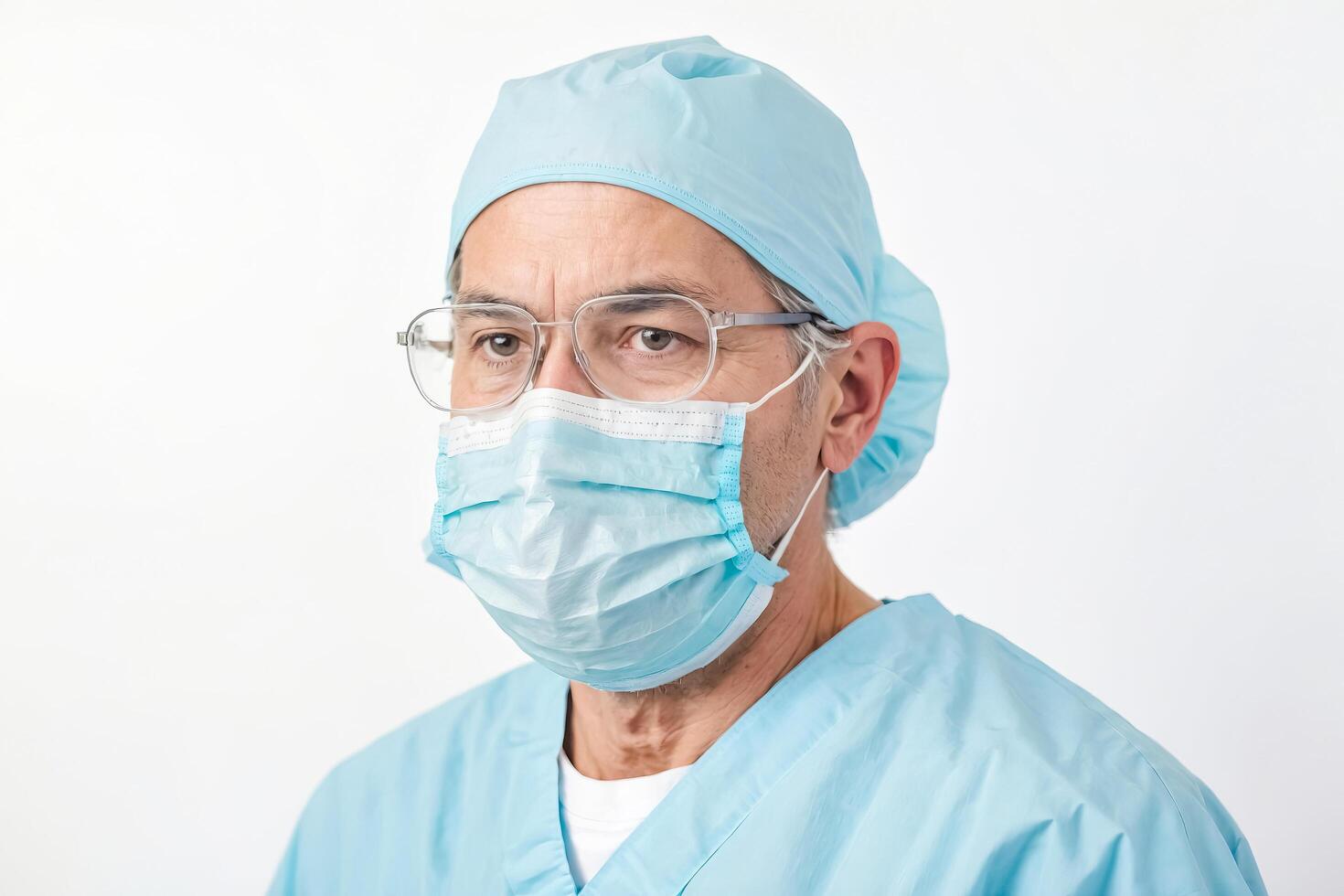 Close-up Portrait of a Male Doctor in Scrubs and a Face Mask photo