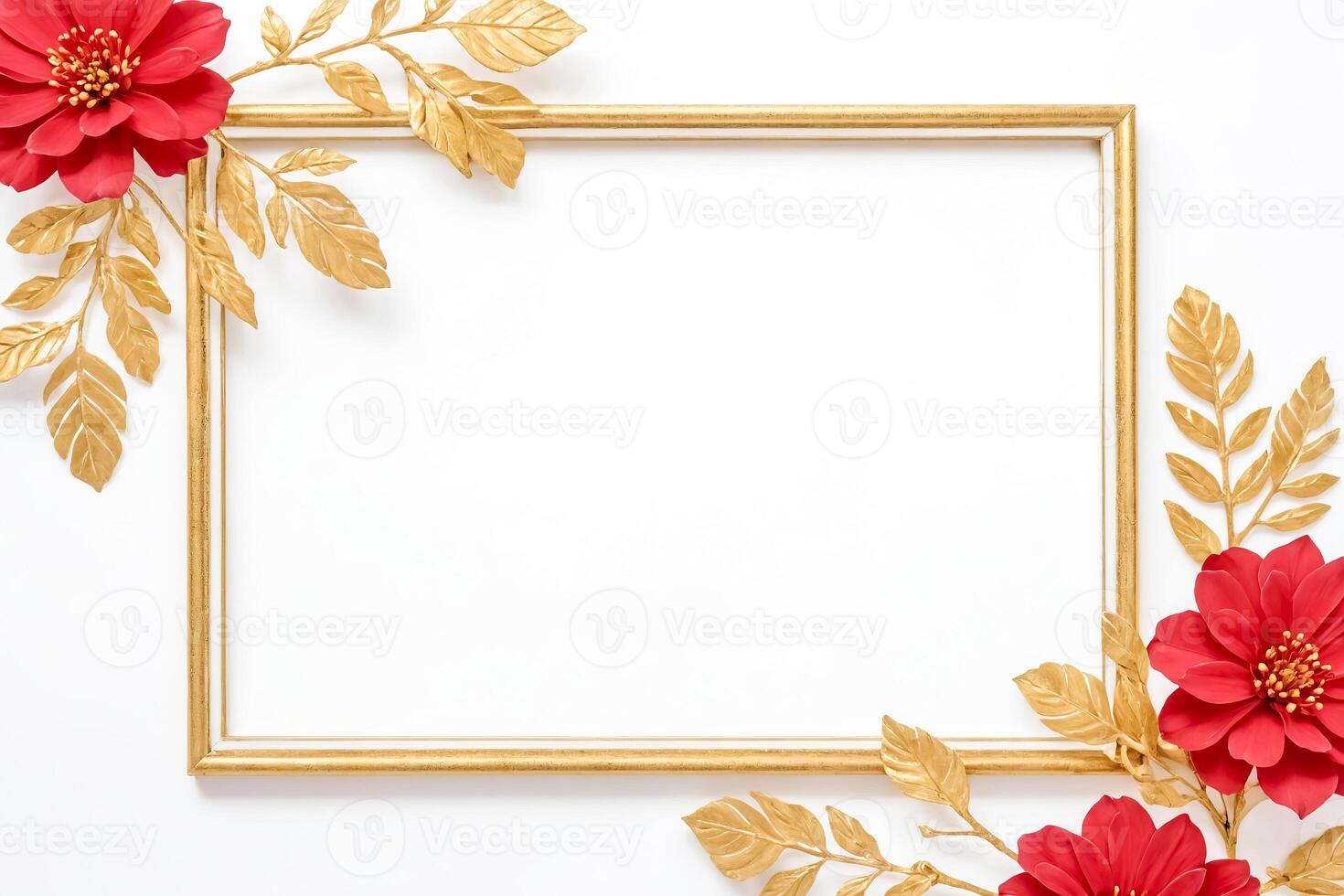 Golden Frame with Red Flowers and Gold Leaves photo